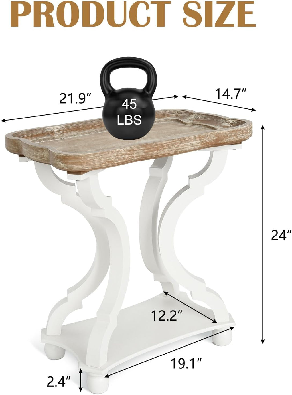 kinbor Farmhouse Side Table - Rustic End Table with an Open Shelf & Raised Edge, Accent Table with Distressed White Finish and Solid Wood Legs - Perfect for Living Room, Bedroom, Entryway, White