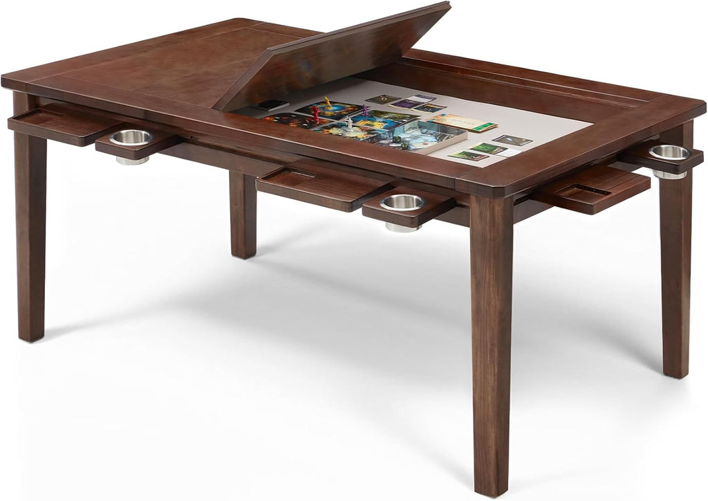 Coperat Solid Wood Board Game Table for 4-6 Players,Dining/Gaming Table w/ 54"x31" Big Gaming Space and Removable Top,Includes Game Mat, 6 Cup Holders & Hobby Tray, Warm Walnut