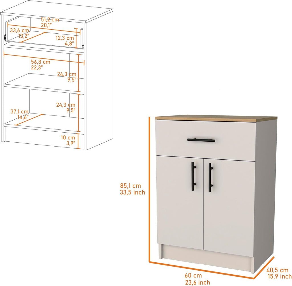Kitchen Pantry with 2 Doors and 1 Drawer, Melamine and Particleboard | Measures 23.6 inches width, 33.5 inches hight, and 15.9 inches depth