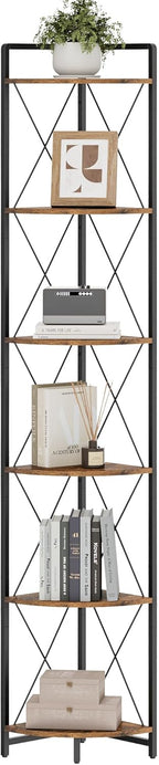 6 Tier Corner Shelf Stand, 78" H Tall Industrial Corner Bookshelf for Living Room Decor, Metal Corner Shelf, Plant Stand Display Shelf for Bedroom, Bathroom, Small Space, Rustic Brown