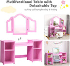 Costzon Kids Vanity, 2 in 1 Princess Makeup Desk Dressing Table with Detachable Top, Toddler Vanity with Tri-fold Mirror & Storage Shelves, Vanity Set for Little Girls, Pink