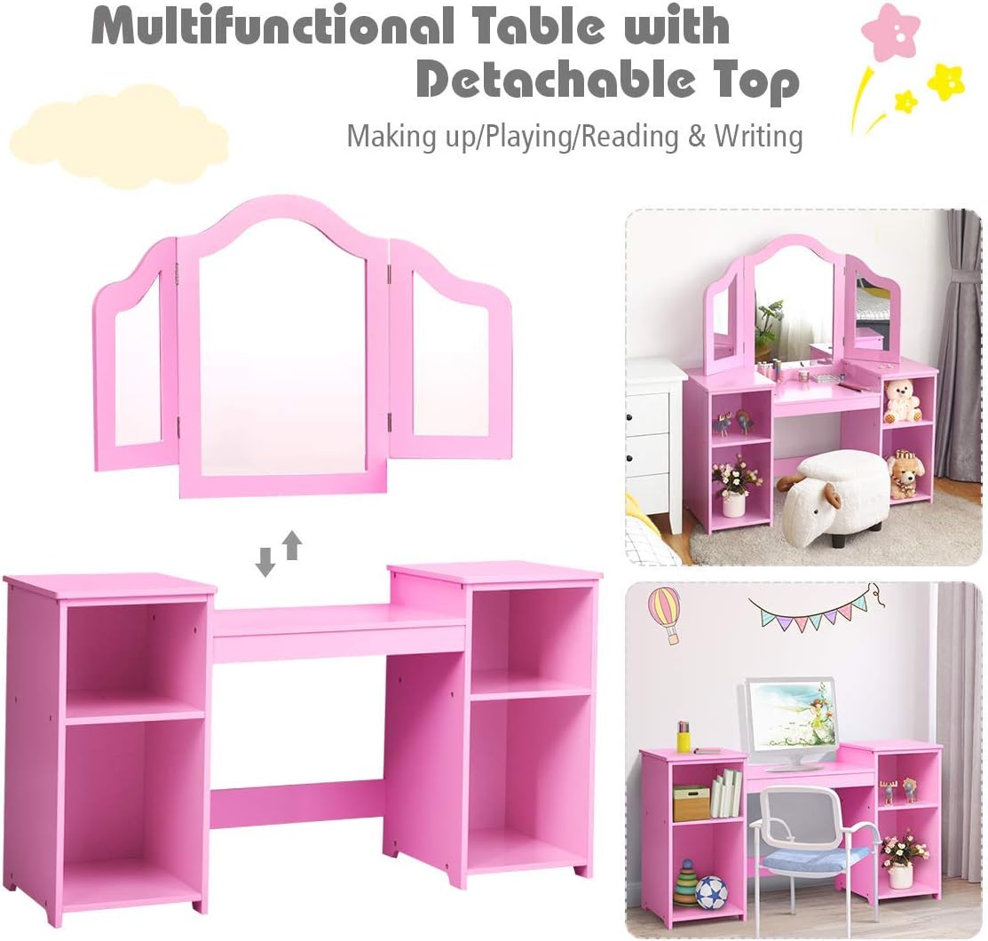 Costzon Kids Vanity, 2 in 1 Princess Makeup Desk Dressing Table with Detachable Top, Toddler Vanity with Tri-fold Mirror & Storage Shelves, Vanity Set for Little Girls, Pink