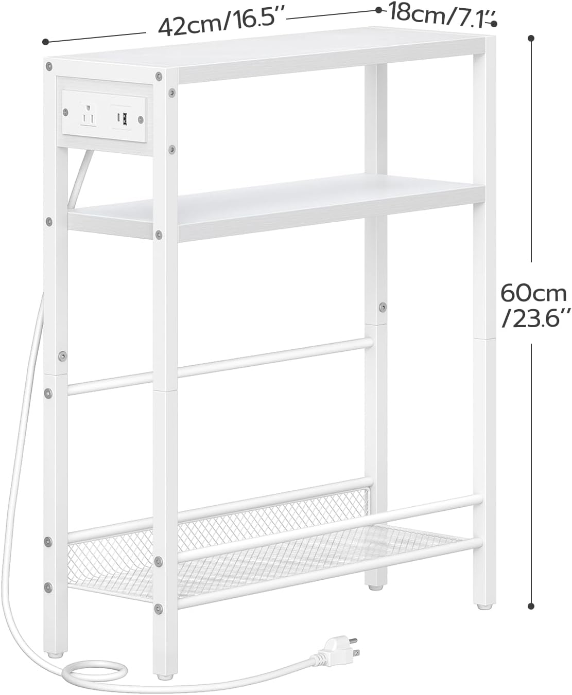 HOOBRO Small Narrow Side Table with Charging Station, Skinny End Table for Small Spaces, Slim Nightstand with USB Ports Outlet, Sofa Beside Table with Storage Shelf, White WT102UBZ01