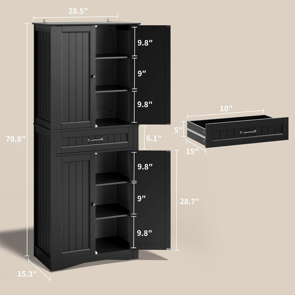 Gizoon 71'' Kitchen Pantry Storage Cabinet, Freestanding Pantry Organizers and Storage Cabinet with 4 Doors and 4 Adjustable Shelves, Tall Cabinet with Large Drawer for Kitchen, Living Room, Bathroom