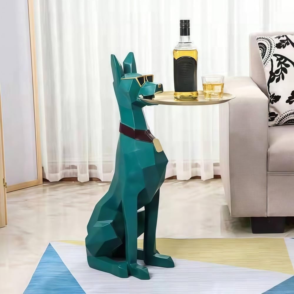 Dog Sculpture Standing Statue Coffee Table with Tray & Storage, Modern Art Resin Dog Sculpture, Cute Side Table for Living Room(Green,Medium)