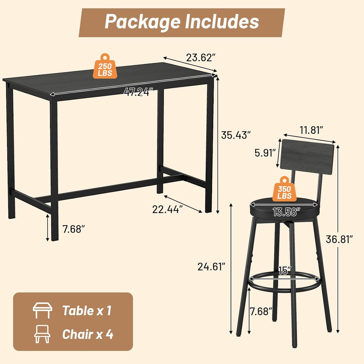 Zevemomo 5-Piece Dining Table Set, Bar Table Set for 4, Kitchen Table and Chairs, Counter Height High Top Table with 4 PU Upholstered Stools, Space-Saving Pub Table Sets for Small Space, Black