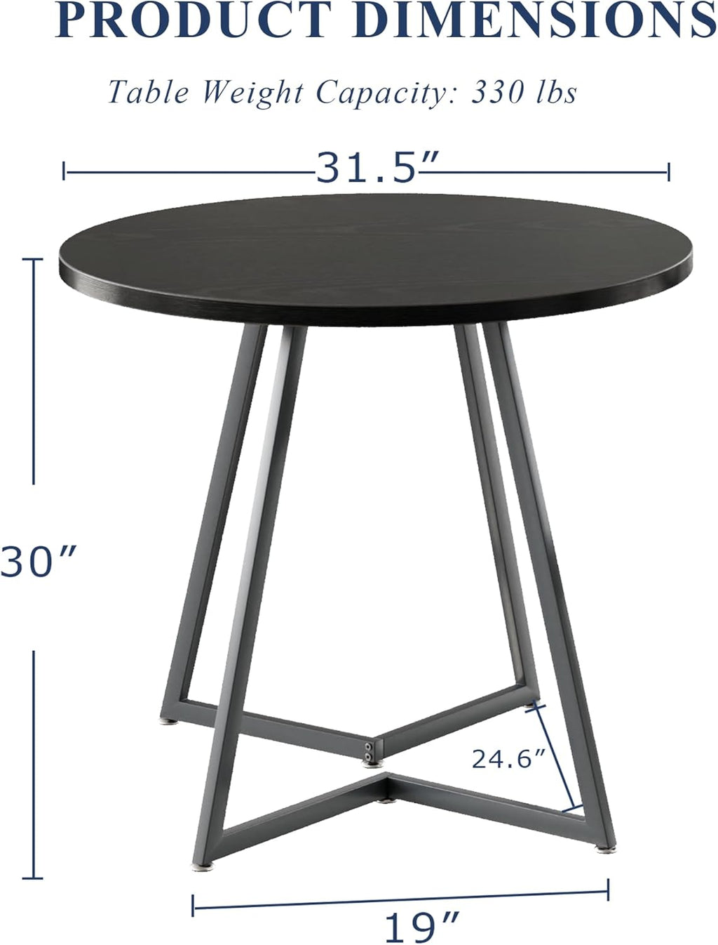 VECELO Round Dining Room Table with Wood Grain Tabletop and Steel Frame, for Kitchen, Living Room, Office, Conference, 2 to 4 Person, Black