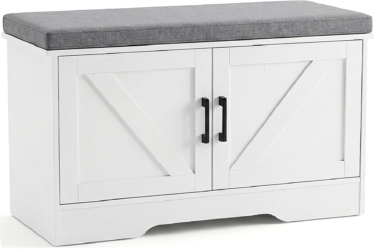 NEWBULIG Shoe Storage Bench for Entryway with Cushion, 27.6IN, White | Shoe Organizer Cabinet with Padded Cushion and Doors, Adjustable Shelves, Shoes Bench for Hallway, Mudroom, Bedroom