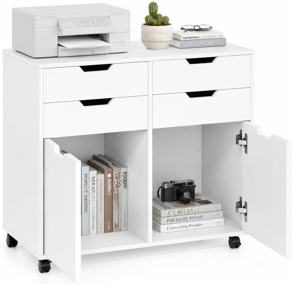 POWERSTONE Mobile File Cabinet with 4 Drawers & 2 Door, Rolling Under Desk Storage Chest with Lockable Wheels, Wood Printer Stand for Home Office Craft Room, White