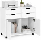 POWERSTONE Mobile File Cabinet with 4 Drawers & 2 Door, Rolling Under Desk Storage Chest with Lockable Wheels, Wood Printer Stand for Home Office Craft Room, White