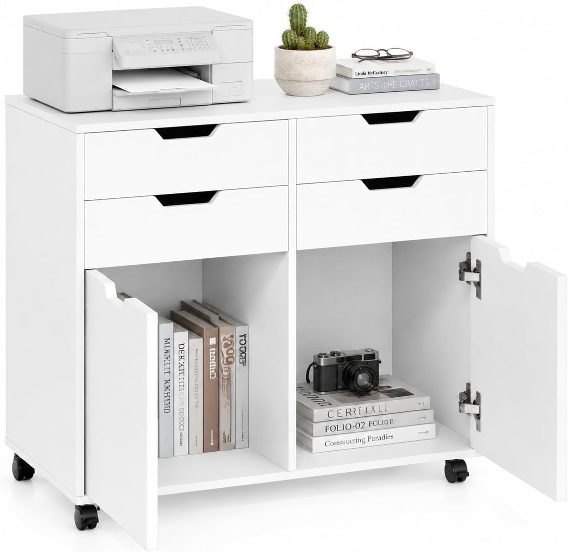 POWERSTONE Mobile File Cabinet with 4 Drawers & 2 Door, Rolling Under Desk Storage Chest with Lockable Wheels, Wood Printer Stand for Home Office Craft Room, White