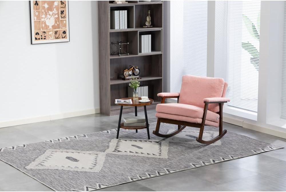Mid Century Modern Accent Chair,Rocking Chair with Wood Frame, Upholstered Living Room Chairs, Reading Armchair for Bedroom Sunroom (Light Pink + Velvet + Cotton)