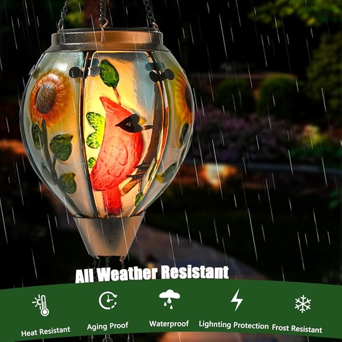 Hot Air Balloon Solar Lantern - Large Cardinal Bird Glass Lantern, Simulated Flickering & Dancing Flame, Big Outdoor Hanging Sunflower Yard Light Waterproof IP65 for Patio Lawn Porch Decor Gift