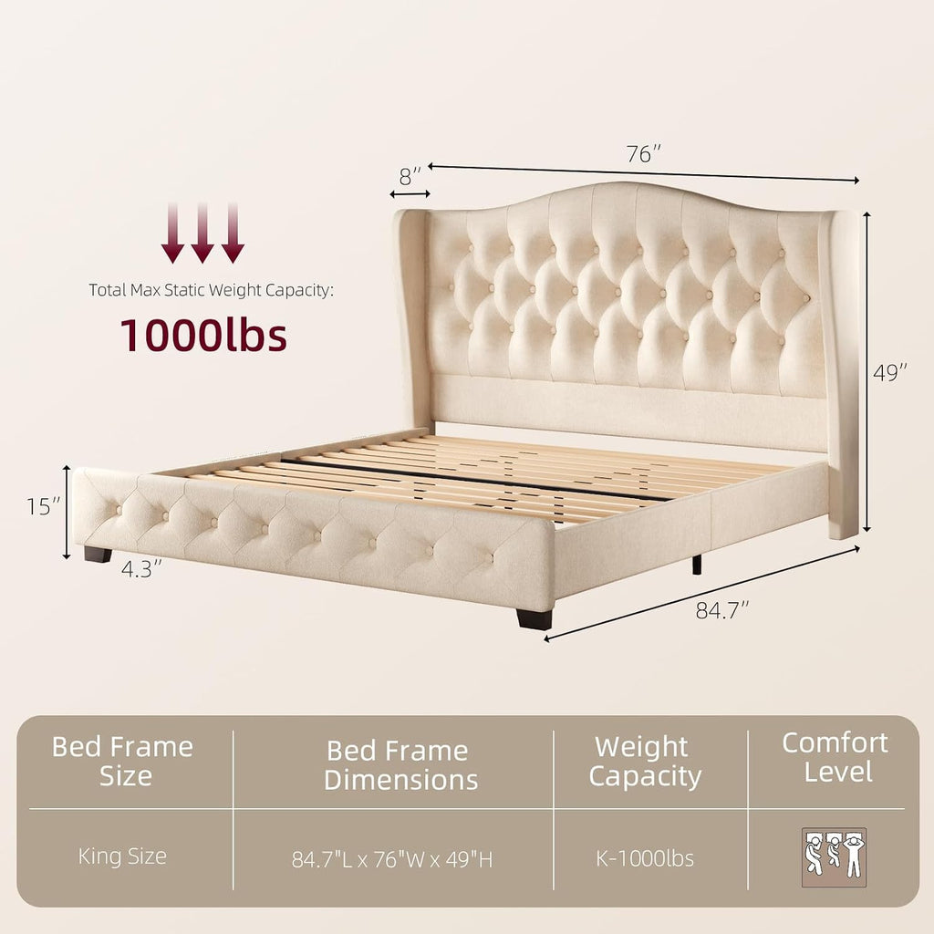 HOMBCK King Bed Frame with 49" Headboard, Velvet Upholstere King Size Bed Frame with Button Tufted Wingback Design, Traditional Retro Style, Low Profile, Strong Structure, No Box Spring Needed, Beige
