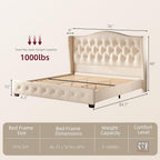 HOMBCK King Bed Frame with 49" Headboard, Velvet Upholstere King Size Bed Frame with Button Tufted Wingback Design, Traditional Retro Style, Low Profile, Strong Structure, No Box Spring Needed, Beige