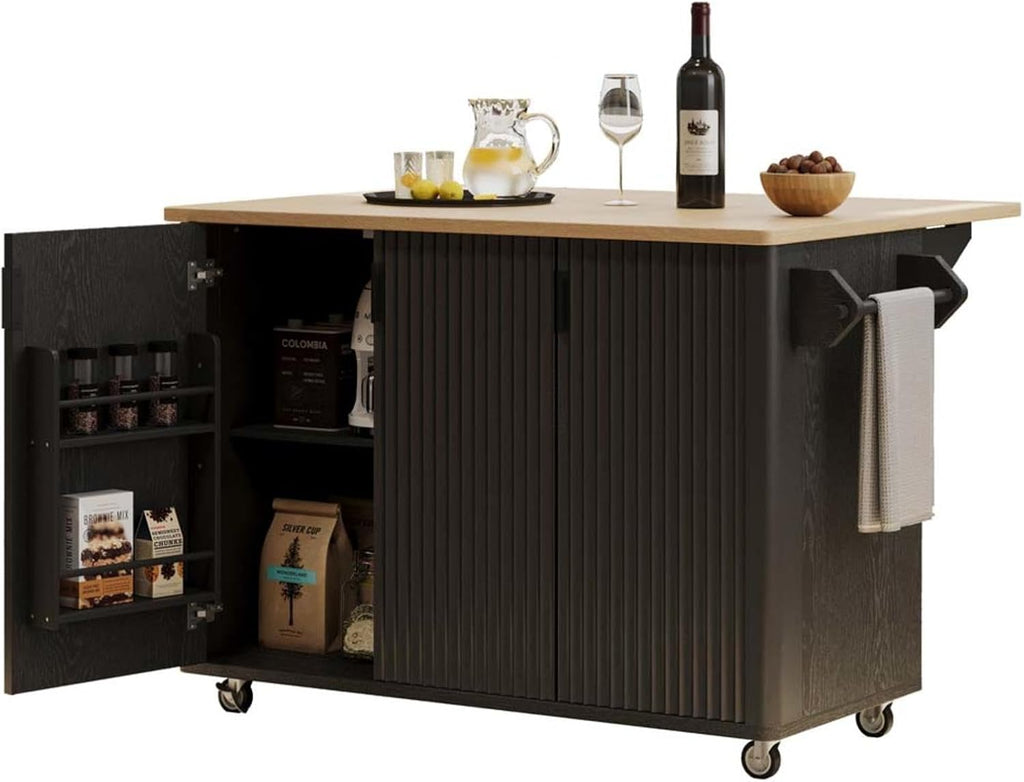 Kitchen Island with Drop Leaf with Drop Leaf Height-Adjustable Shelves, Farmhouse Kitchen Island with Wheels Towel Rack， for Kitchen, Dining Room, Black