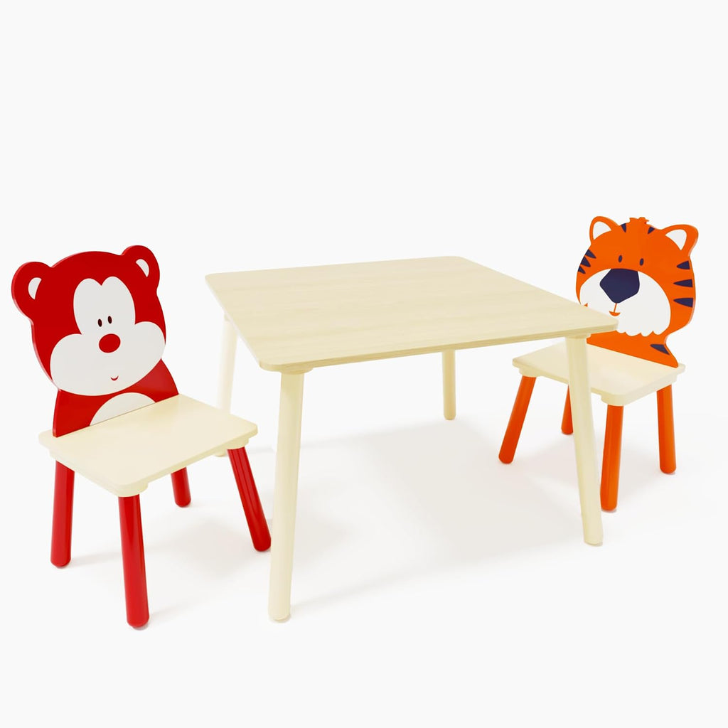 3 Pieces Table and Chair Set, Tiger & Bear Pattern Activity Play Set with Solid Wood Legs, Wooden Furniture for Playroom, Daycare & Kindergarten