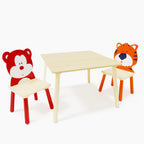 3 Pieces Table and Chair Set, Tiger & Bear Pattern Activity Play Set with Solid Wood Legs, Wooden Furniture for Playroom, Daycare & Kindergarten