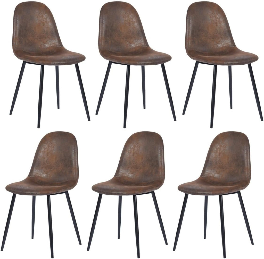 FurnitureR Modern Mid Century Leathaire Upholstered Kitchen Dining Chair, Armless Leisure Accent Chair with Black Metal Legs Space Saving for Dining Kitchen Living Room (Brown, Set of 6)