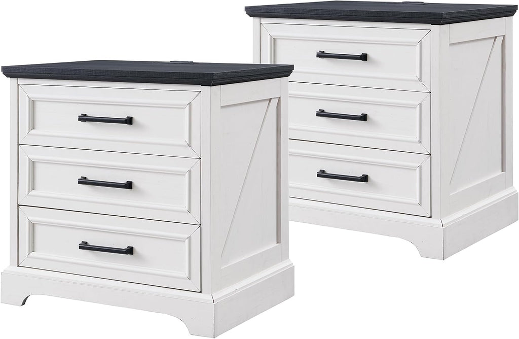 ACCOHOHO 22" Farmhouse Nightstands Set of 2 with 3 Drawers, Off White | Charging Station, Metal Handles, X-brace Side Panels, Arched Foot Base, Modern End Table, for Bedroom, Living Room