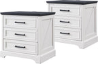 ACCOHOHO 22" Farmhouse Nightstands Set of 2 with 3 Drawers, Off White | Charging Station, Metal Handles, X-brace Side Panels, Arched Foot Base, Modern End Table, for Bedroom, Living Room