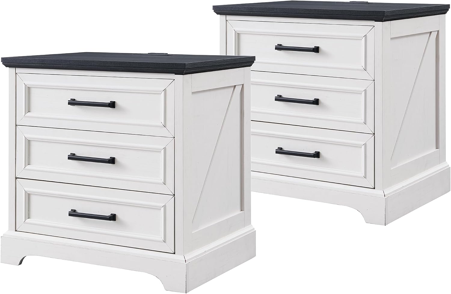 ACCOHOHO 22" Farmhouse Nightstands Set of 2 with 3 Drawers, Off White | Charging Station, Metal Handles, X-brace Side Panels, Arched Foot Base, Modern End Table, for Bedroom, Living Room