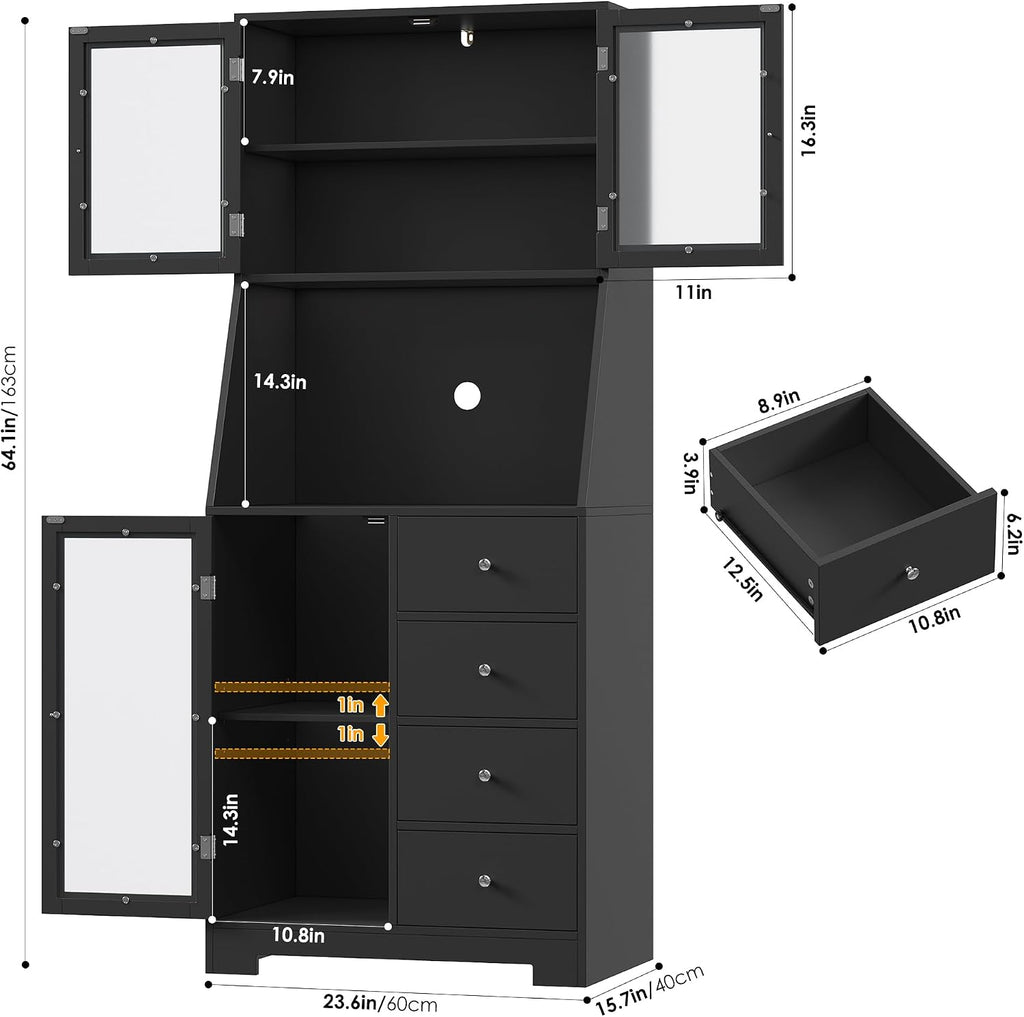 BOTLOG 64'' Kitchen Pantry Storage Cabinet, Tall Kitchen Storage Cabinet with Microwave Stand, Hutch Cabinet with Adjustable Shelves, for Dining Room, Black | Save Space, Frosted Glass Door, Hutch Cabinet with Adjustable Shelves, for Dining Room (Black)