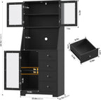 BOTLOG 64'' Kitchen Pantry Storage Cabinet, Tall Kitchen Storage Cabinet with Microwave Stand, Hutch Cabinet with Adjustable Shelves, for Dining Room, Black | Save Space, Frosted Glass Door, Hutch Cabinet with Adjustable Shelves, for Dining Room (Black)