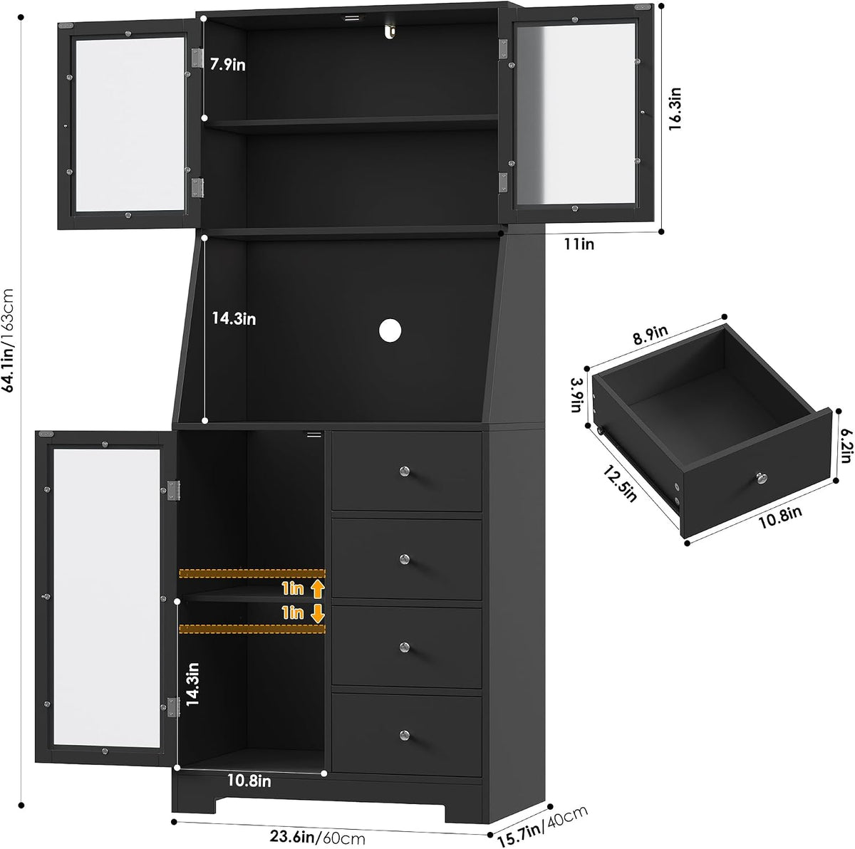 BOTLOG 64'' Kitchen Pantry Storage Cabinet, Tall Kitchen Storage Cabinet with Microwave Stand, Hutch Cabinet with Adjustable Shelves, for Dining Room, Black | Save Space, Frosted Glass Door, Hutch Cabinet with Adjustable Shelves, for Dining Room (Black)