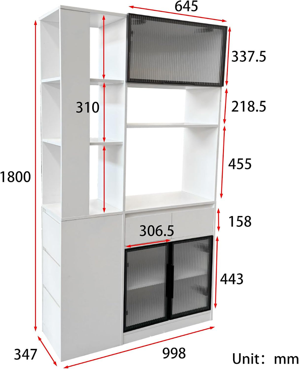 Modern 70.87" Tall Storage Cabinet with 5 Drawers, Glass Doors and Display Shelves, Freestanding Kitchen Pantry Cabinet with Microwave Space for Living Room, Dining Room, Hallway, White