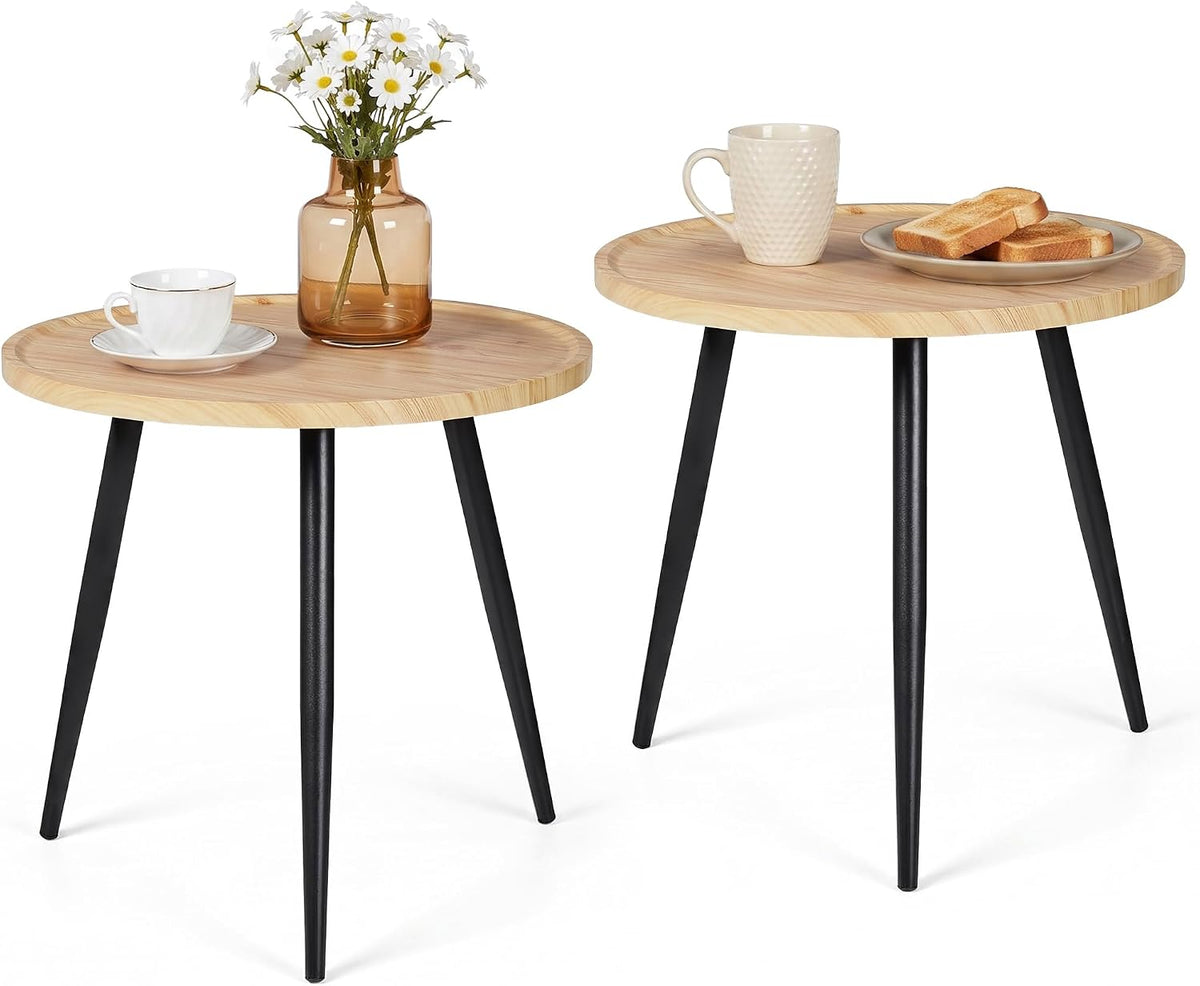 VECELO Modern Side Table, Round Small End Table, Exclusively Designed Hand-Crafted Small Nightstand, Solid Wood,Oak top with Black Metal Legsfor Bedrooms, Living Rooms, 2-Pack