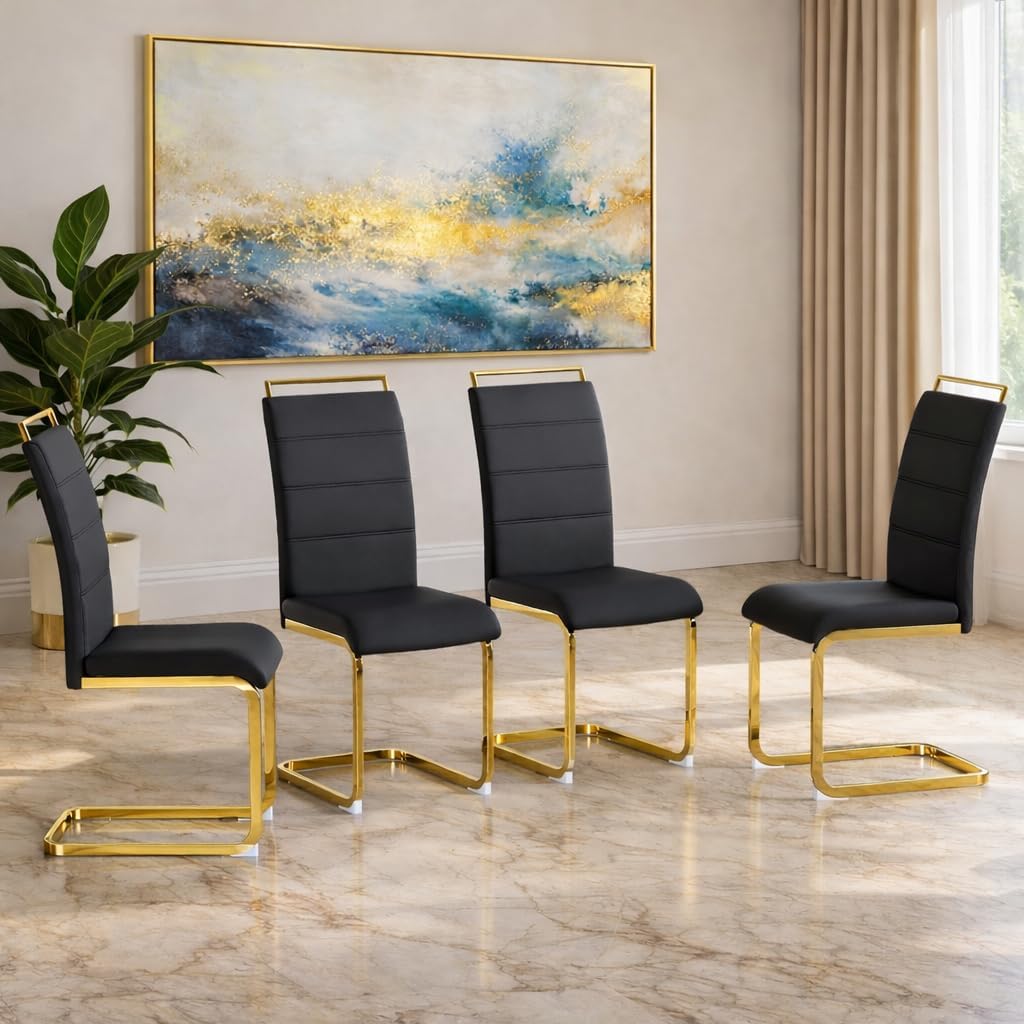 Dining Chairs Set 4, Armless Black Kitchen Chairs,Waterproof Faux Leather Dinner Chairs with Upholstered Seat,Armless Side Chairs with Gold Metal Frame for Kitchen Dining Room