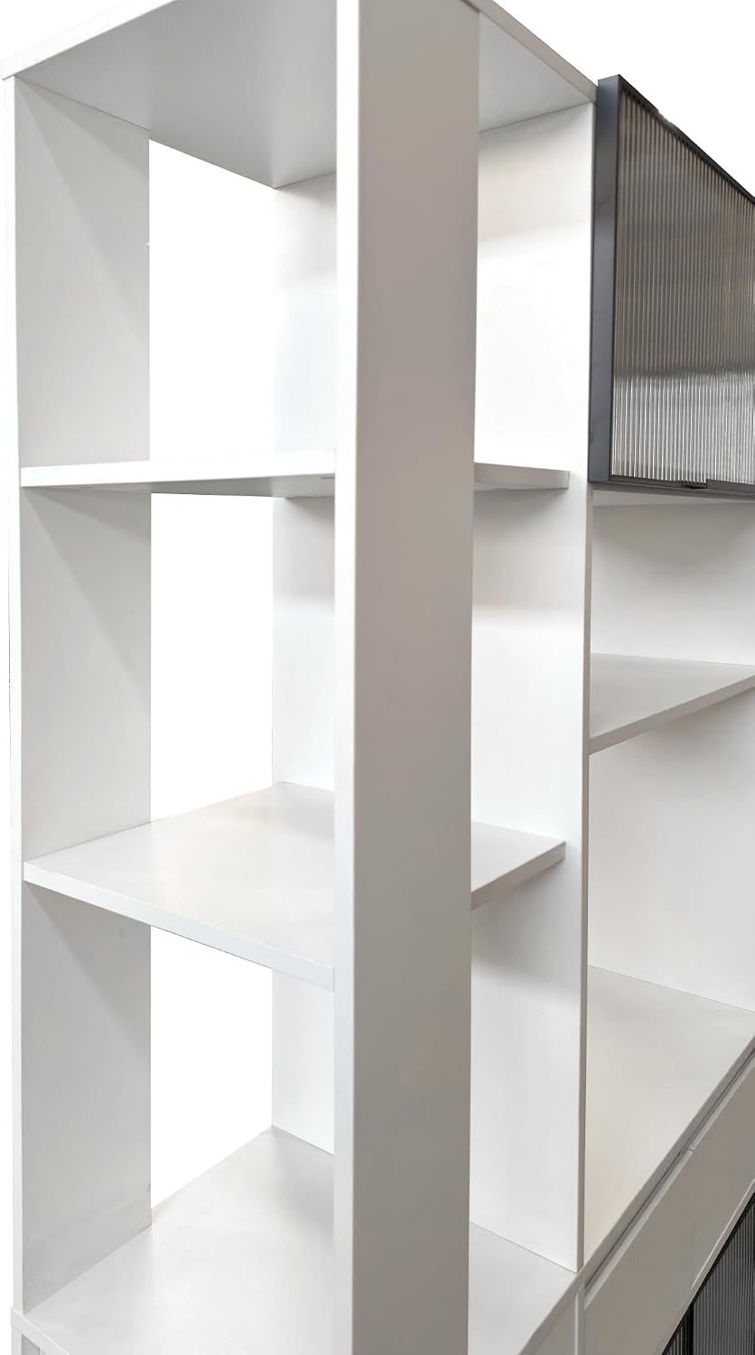 Modern 70.87" Tall Storage Cabinet with 5 Drawers, Glass Doors and Display Shelves, Freestanding Kitchen Pantry Cabinet with Microwave Space for Living Room, Dining Room, Hallway, White
