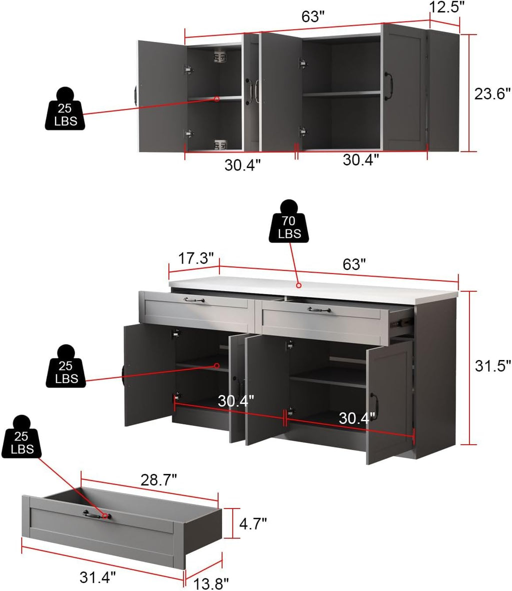 63" Kitchen Cabinet Set with Wall Mounted Cupboard and Buffet Sideboard, Pantry Storage Cabinet with Adjustable Shelves and Drawers, Shaker Style Kitchen Organizer, Grey and White