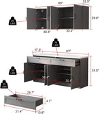 63" Kitchen Cabinet Set with Wall Mounted Cupboard and Buffet Sideboard, Pantry Storage Cabinet with Adjustable Shelves and Drawers, Shaker Style Kitchen Organizer, Grey and White