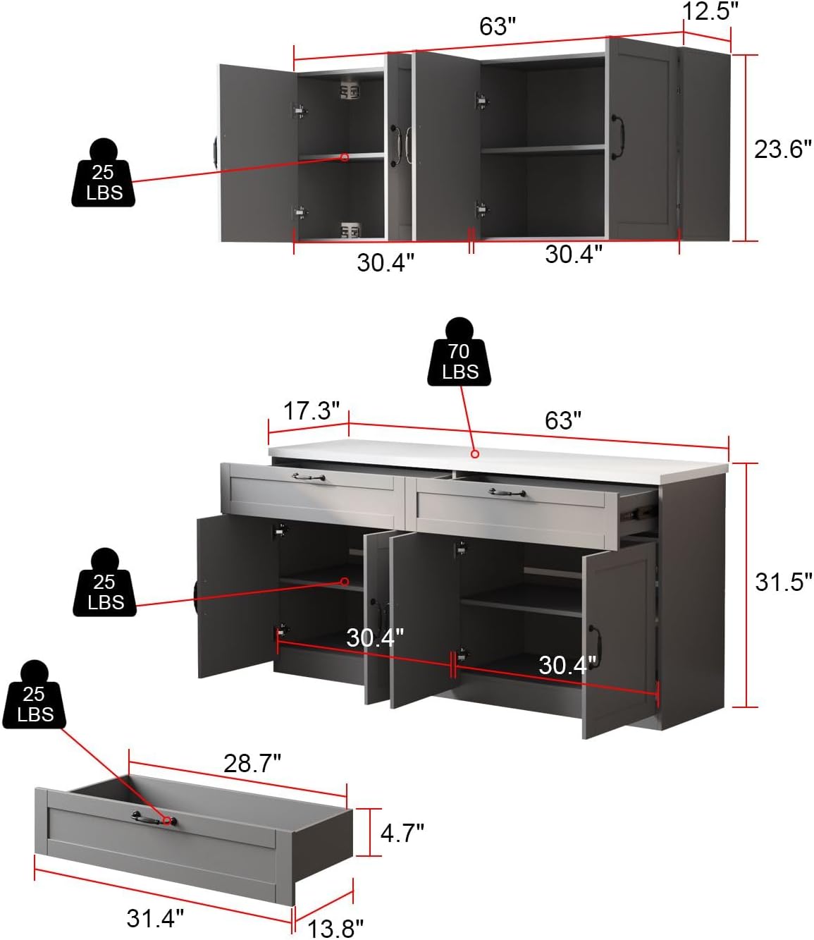 63" Kitchen Cabinet Set with Wall Mounted Cupboard and Buffet Sideboard, Pantry Storage Cabinet with Adjustable Shelves and Drawers, Shaker Style Kitchen Organizer, Grey and White