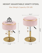 LITZFUR Adjustable Vanity Stool with Storage, 360° Swivel Gold Chair, Velvet Small Round Ottoman Footrest for Bathroom, Makeup Room, Pink