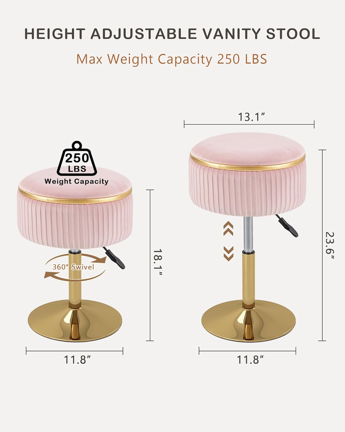 LITZFUR Adjustable Vanity Stool with Storage, 360° Swivel Gold Chair, Velvet Small Round Ottoman Footrest for Bathroom, Makeup Room, Pink