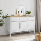 White Sideboard Buffet Cabinet, Solid Pine Wood and Engineered Wood Credenza with 2 Drawers and 3 Doors, Accent Storage Cabinet for Dining Room, Living Room, Hallway, 44.9 Inch