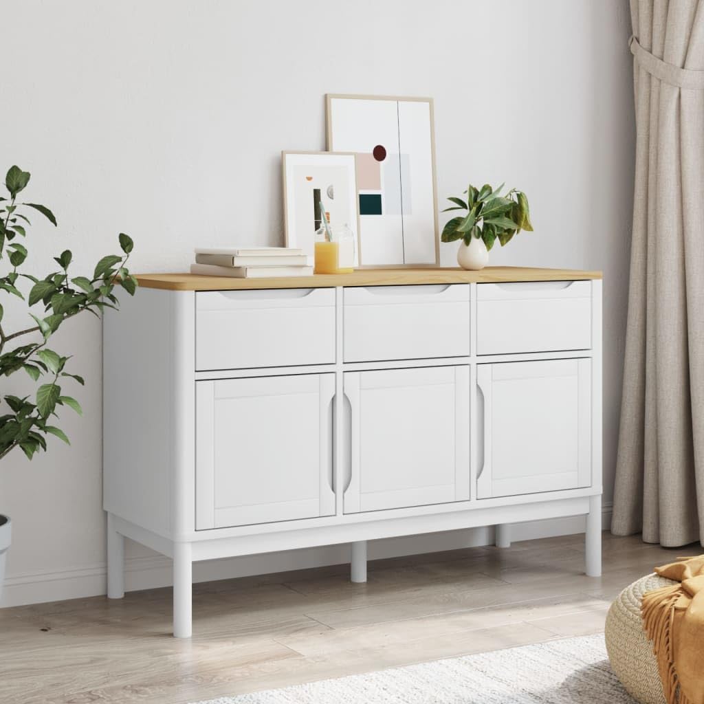 White Sideboard Buffet Cabinet, Solid Pine Wood and Engineered Wood Credenza with 2 Drawers and 3 Doors, Accent Storage Cabinet for Dining Room, Living Room, Hallway, 44.9 Inch