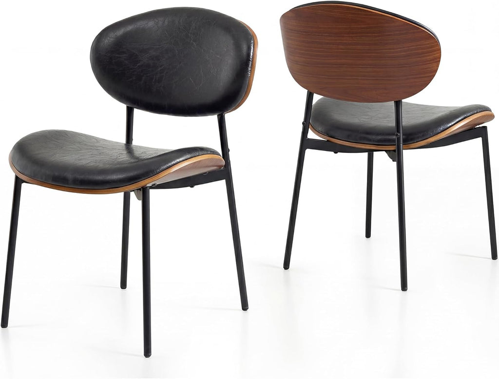 BedsPick Mid-Century Modern Dining Chairs Set of 2, PU Leather Upholstered Dining Room Chairs with Walnut Grain Back, Bentwood Kitchen Chairs with Adjustable Feetpads for Dining Room, Kitchen, Black