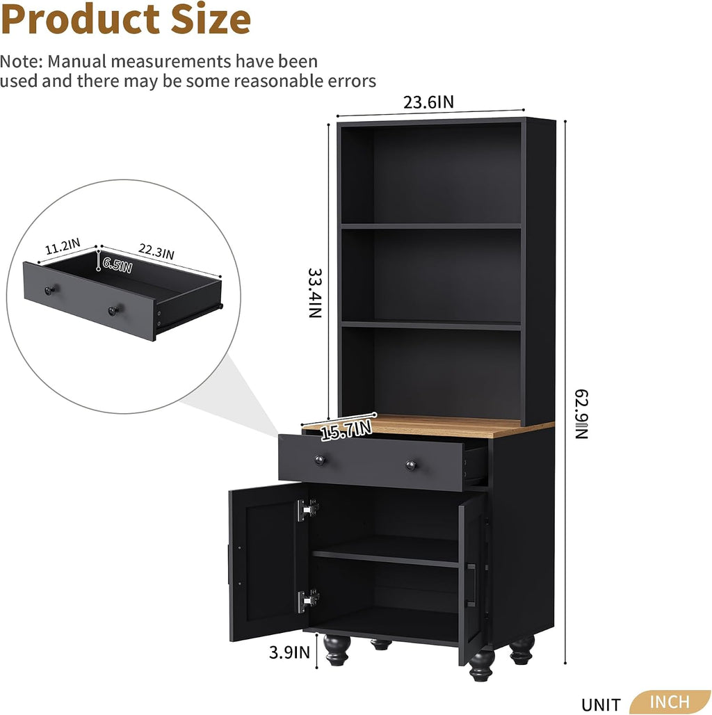 Farmhouse Storage Cabinet with Solid Wood Gourd Legs, 5-Tier Kitchen Pantry Cabinet with Adjustable Shelves & Drawer, Freestanding Bookshelf Display Cabinet for Living Room, Black
