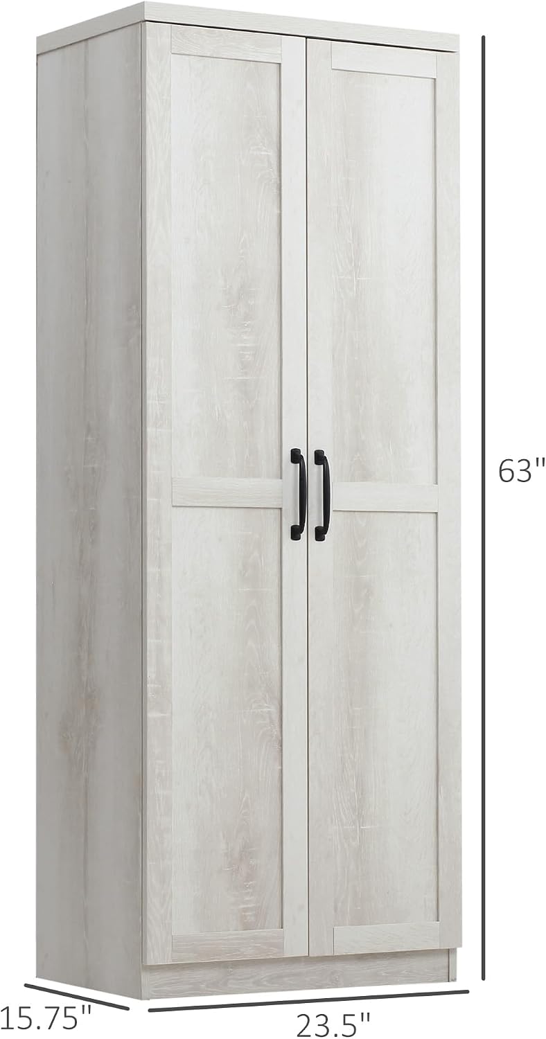 63" 2-Door Kitchen Pantry, Freestanding Storage Cabinet with 5-Tier Shelving and 2 Adjustable Shelves for Dining Room, Antique White