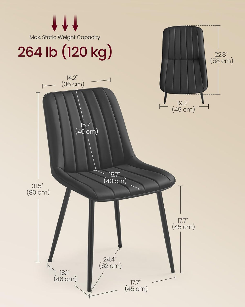 VASAGLE Dining Chairs Set of 2, Upholstered Kitchen Chairs, Synthetic Leather, Max. Load 264 lb, Steel Legs, Curved Backrest, for Dining Room, Dove Gray and Ink Black ULDC090BH02