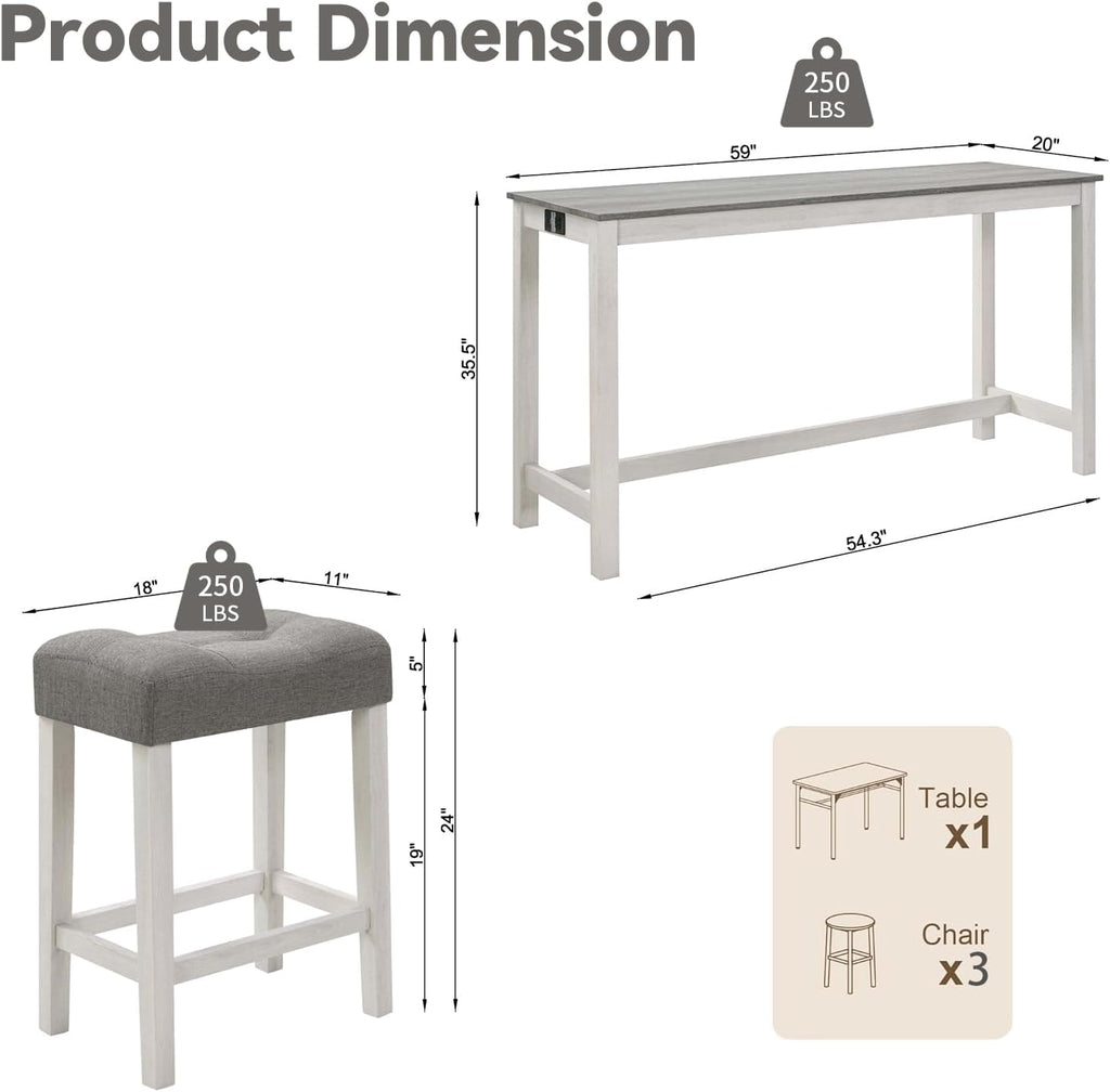 59" Dining Bar Table Set with Power Outlet, Behind Couch Sofa Table with 3 Padded Stools, 4 Piece Bar Table and Chairs Set for Living Room, Dining Room, Gray