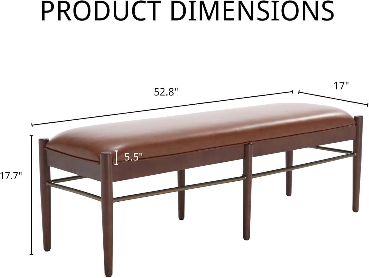 53" Faux Leather Entryway Bench with Cushion, Rustic Brown Dinner Bench for Dining Room, Upholstered End of Bed Bench Ottoman for Bedroom, Living Room with Walnut Base, Brown