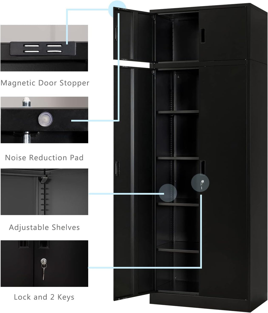 BESFUR 87" Tall Metal Storage Cabinet with Top Cabinet, Locking Garage Storage Cabinet with 4 Adjustable Shelves, Heavy-Duty Tall Cabinet for Home Office, Utility Room, Warehouse, School (Black)