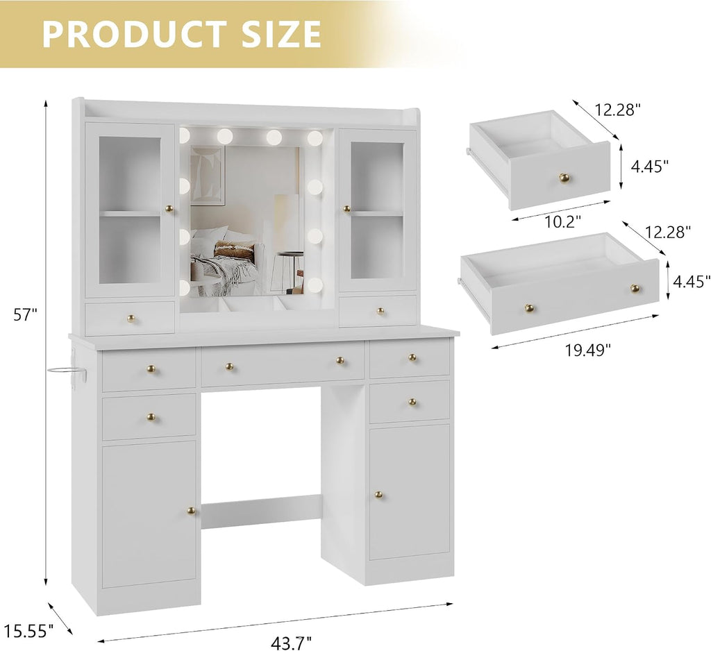 Xixini 44" Vanity Desk with Mirror & Lights, Glass Storage Cabinets, White | Makeup Table Set with Charging Station, RGB Light Strip, 7 Drawers & Open Shelf, 3 Light Modes & Dimmable for Women & Girls