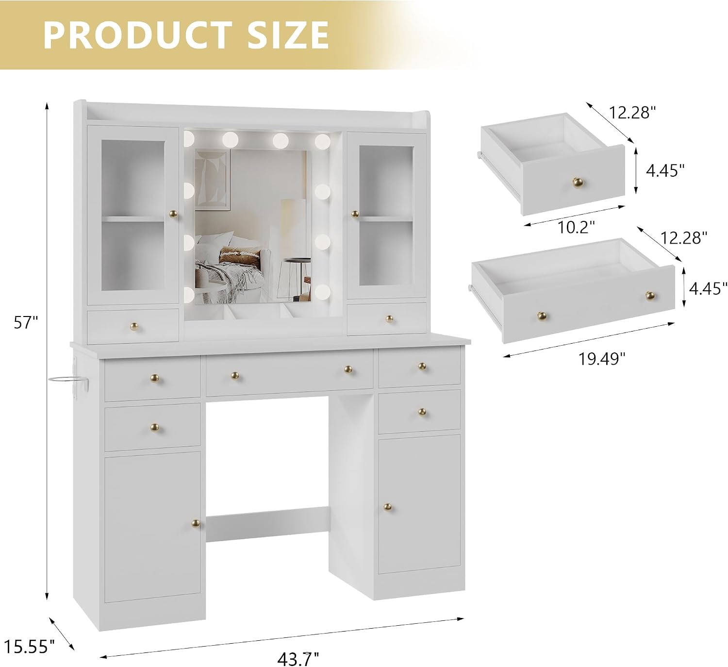 Xixini 44" Vanity Desk with Mirror & Lights, Glass Storage Cabinets, White | Makeup Table Set with Charging Station, RGB Light Strip, 7 Drawers & Open Shelf, 3 Light Modes & Dimmable for Women & Girls