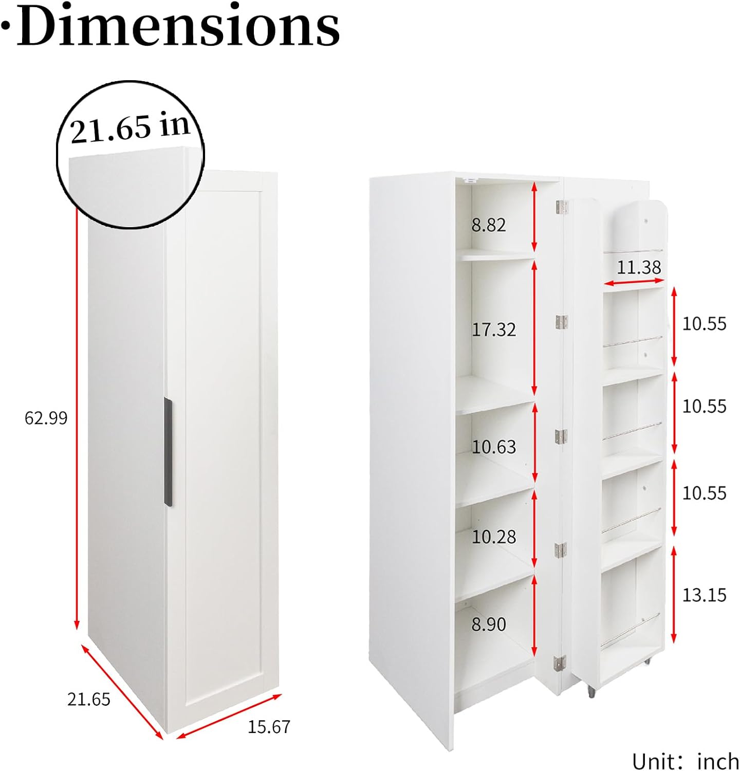 JOYSOURCE 22 in Deep Kitchen Pantry Storage Cabinet with Doors and Adjustable Shelves Tall Large Cupboard with Door Shelving, Wheel Support for Food White